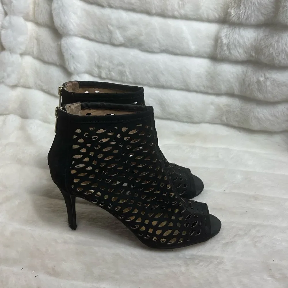 Thalia Sodi Black laser cut faux suede ankle boots peep toe bag zipper si…